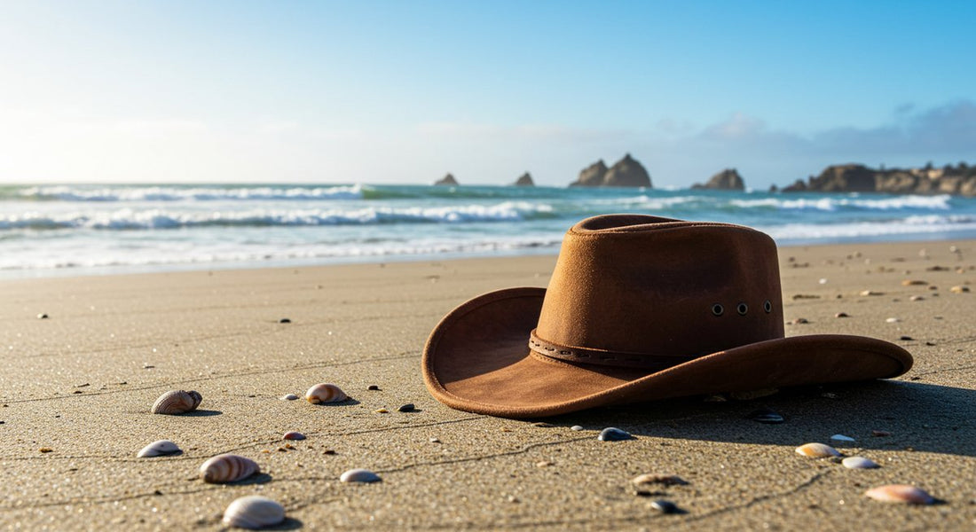 The Surfing Cowboy Cap on a Montecito beach.
